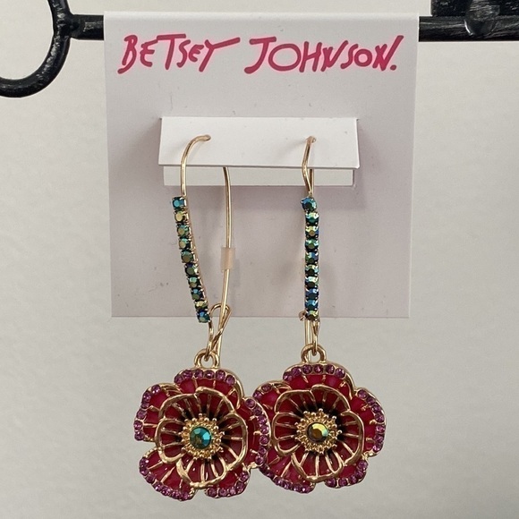 Betsey Johnson Pink Flower Crystal Rhinestones Drop Earrings Bohemian Whimsical - Picture 1 of 16